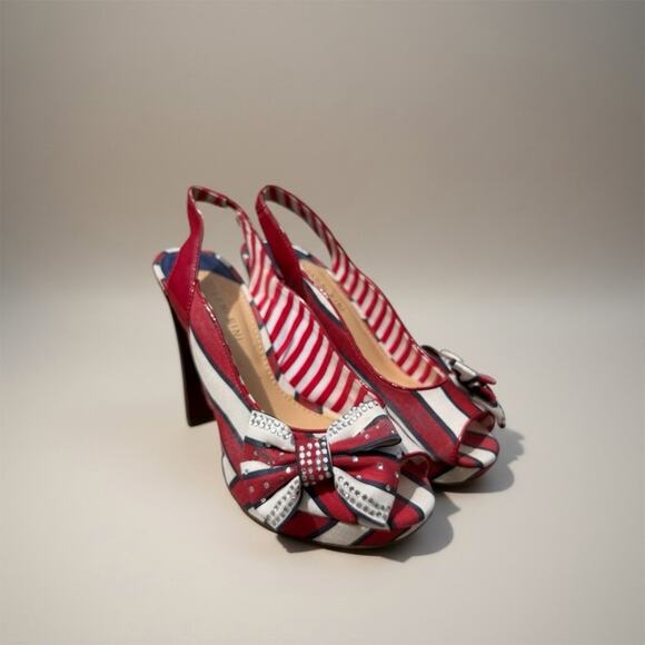 Gianni Bini Shoes - Gianni Bini Red White Blue Striped Bow Heels Pumps 4th Of July Patriotic 8 Sling